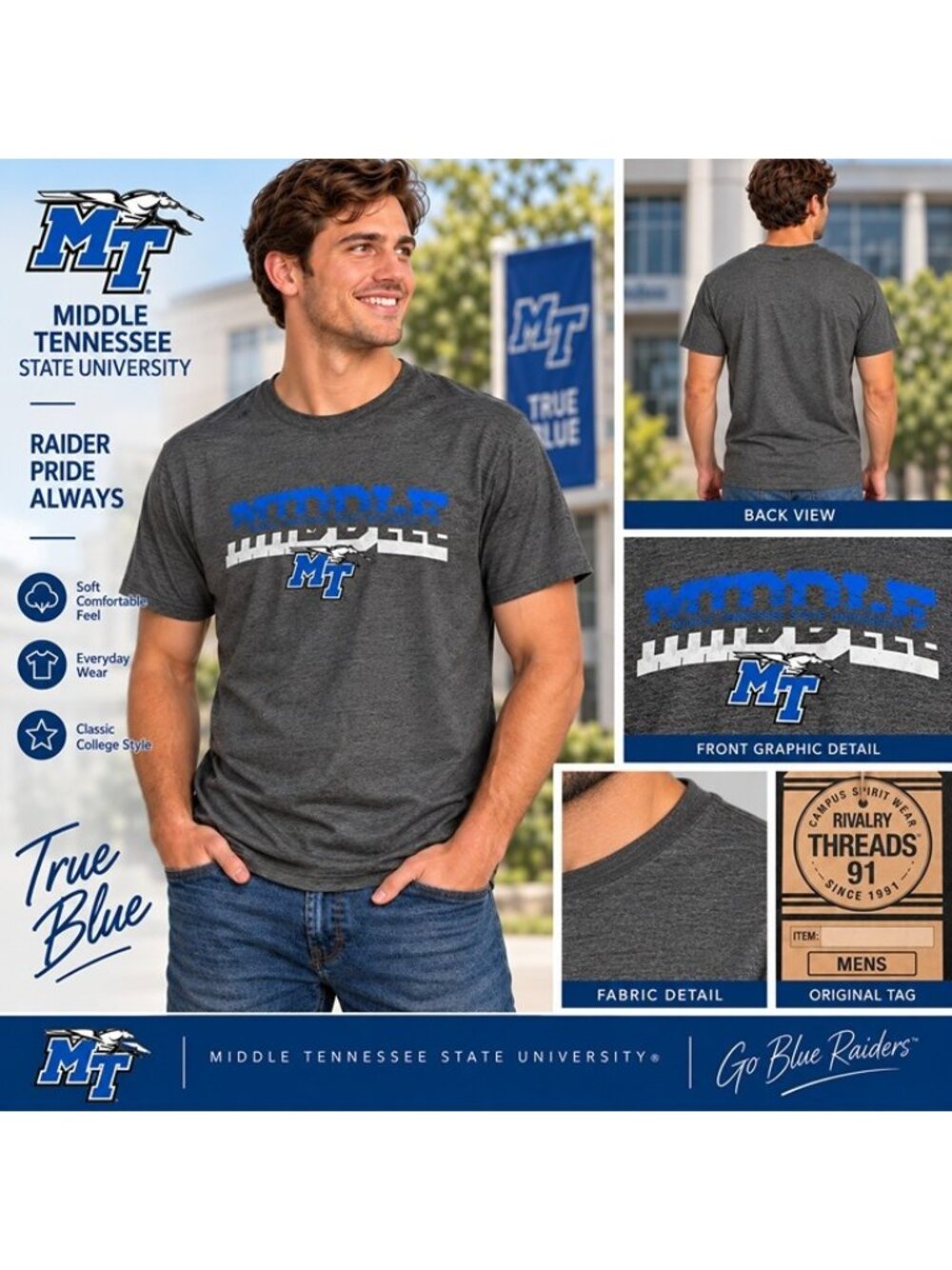 Rivalry Threads MTSU Middle Tennessee State Blue Raiders Men's T-Shirt Gray XL